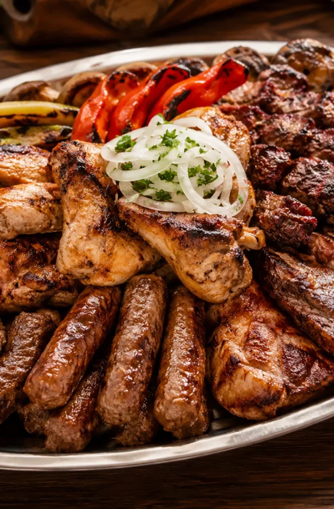 Meso sa prilogom i lukom na tanjiru