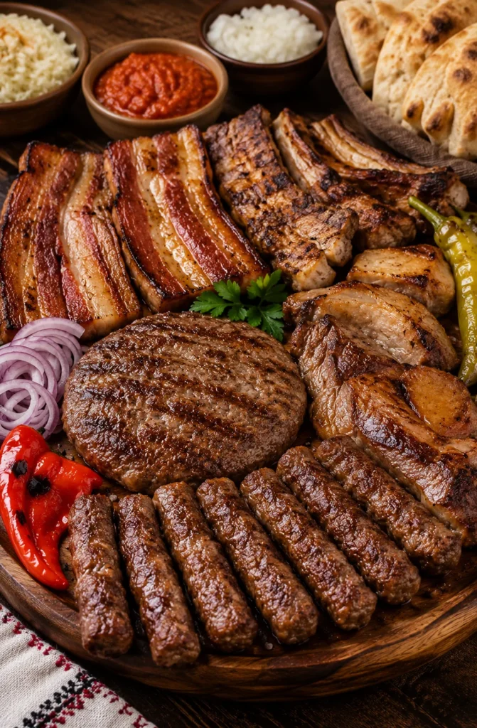 Mešano meso sa roštilja na drvenoj dasci